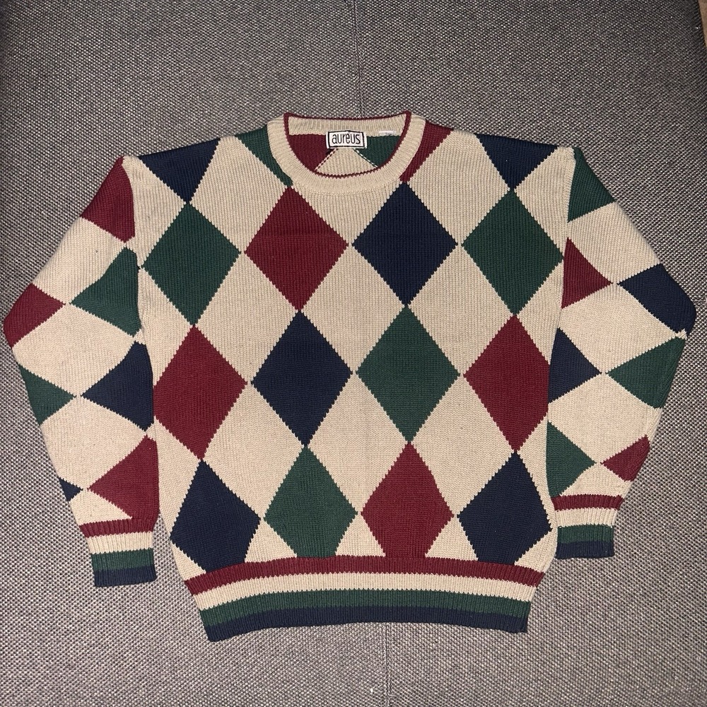Vintage 80s Multicolor Argyle Crewneck Sweater Size Large Adult Unisex L